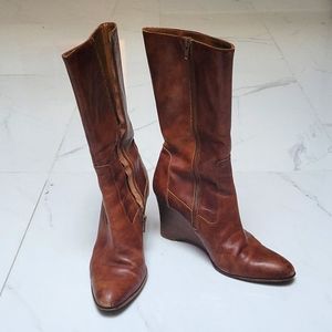 J.CREW Mid Calf Wedge Heel Leather Boots, 8, Cognac